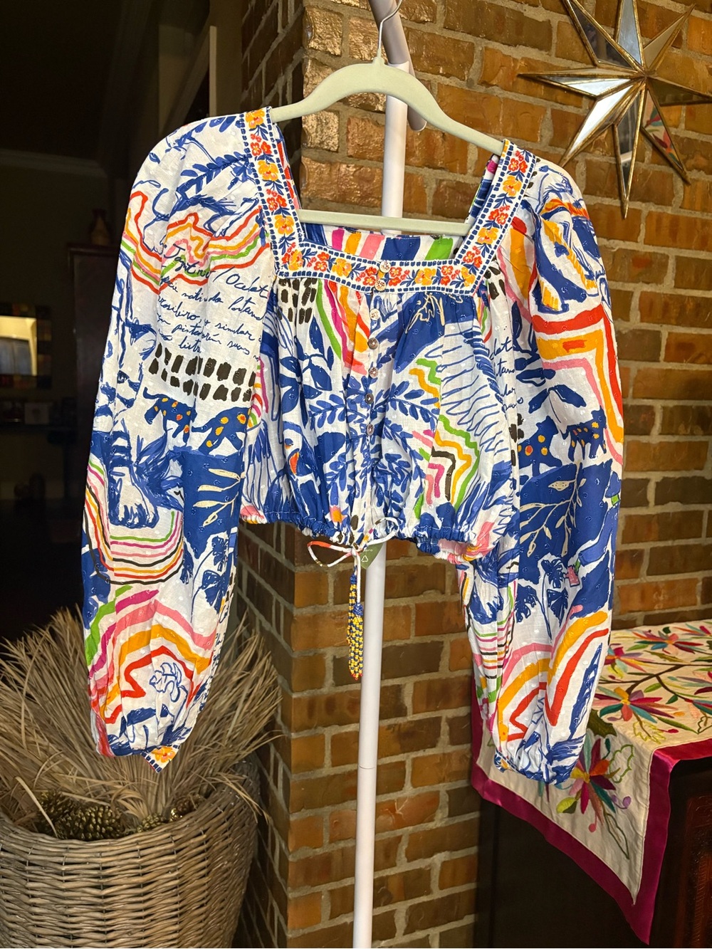 FARM RIO Square-Neck Cropped Peasant Blouse in Blue & Multicolor NWT - Picture 5 of 7
